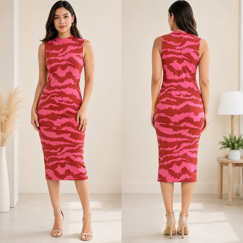 Corey Lynn Calter Midi Dress Medium Pink Brown Tiger Stripe Sleeveless Bodycon